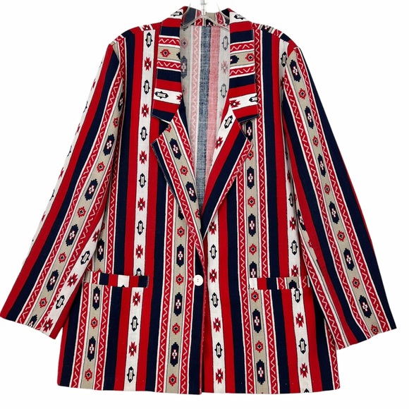 Vintage Jackets & Blazers - Vintage Native Pattern Red, White, Blue, Khaki Unlined Blazer by Bon Worth USA